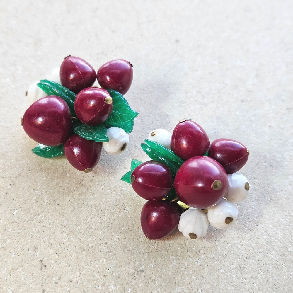 Vintage‎ West Germany Berry Cluster Clip On Earrings Red White Green Fruit Leaf